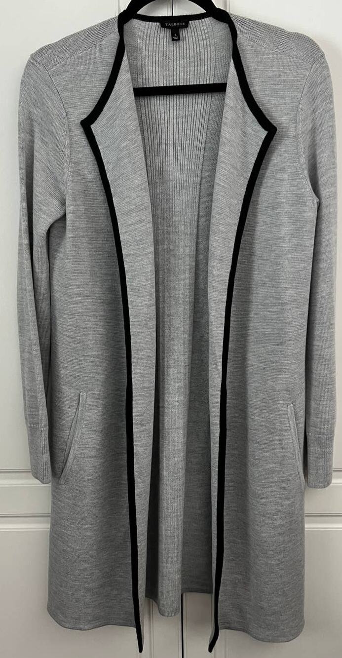 Talbots Open Cardigan Sweater Gray w/ Black Trim Merino Wool Blend Size S NWOT